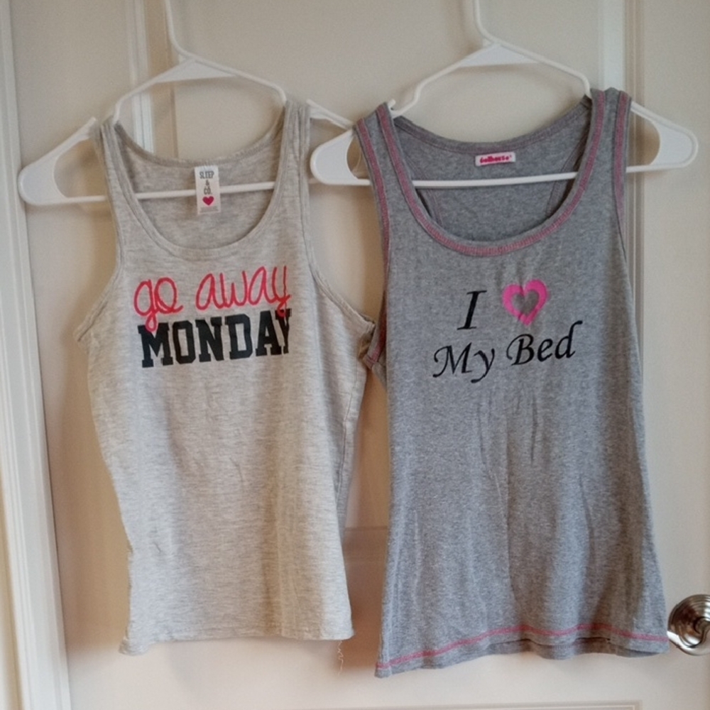 Set Of Two - Gray Pajama Tank Tops with Fun sayings. Sz: Large Juniors